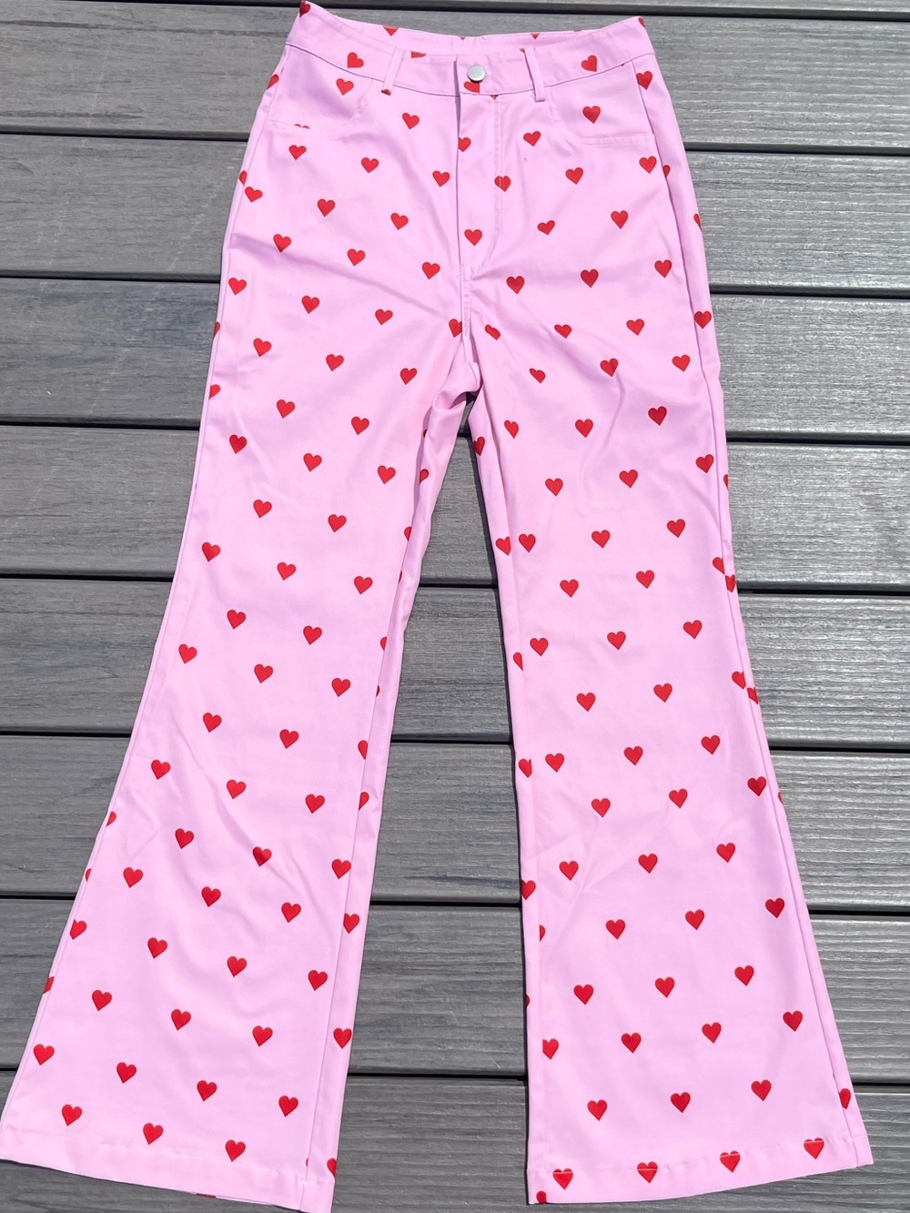 Cider; High Rise; Red Polka Dot Style Heart Print; Pink Flared Trousers; Small - Picture 1 of 10